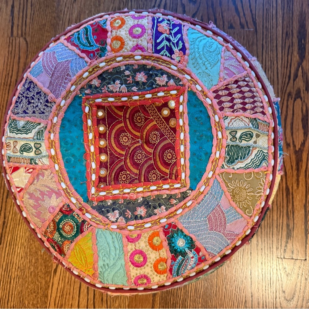 Colorful Embroidered Round Indian Ottoman